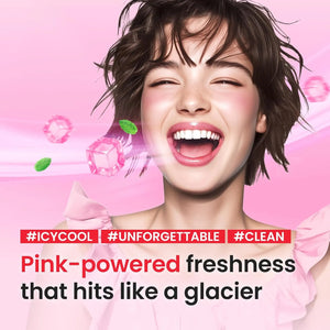 Smiling woman with bright white teeth promoting Euthymol pink toothpaste strong mint flavor for icy cool, clean and unforgettable freshness.