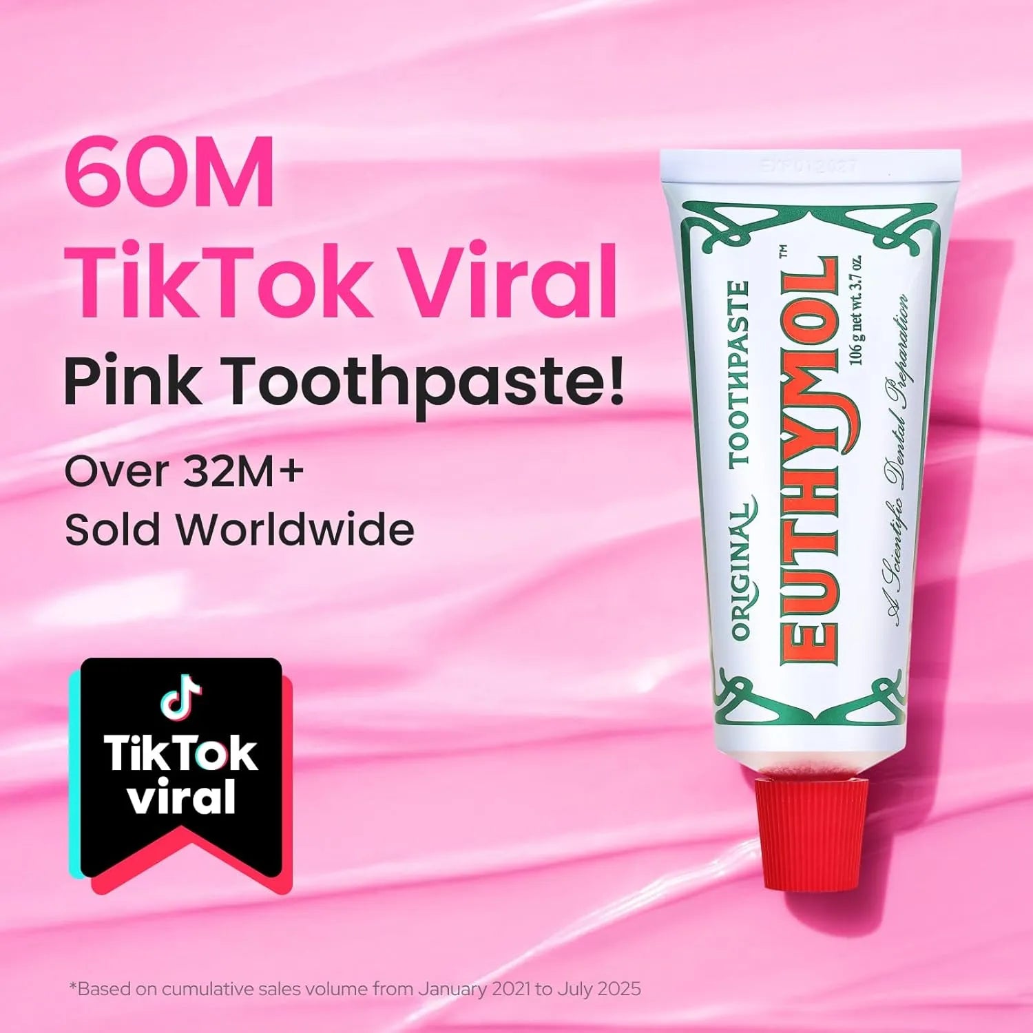 Euthymol original pink toothpaste viral on TikTok with over 60 million views and 32 million units sold worldwide social proof graphic.