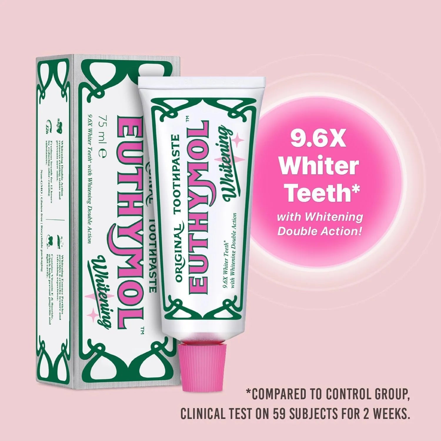 Euthymol Original Toothpaste 75ml packaging showing 9.6 times whiter teeth claim with whitening double action formula.