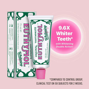 Euthymol Original Toothpaste 75ml packaging showing 9.6 times whiter teeth claim with whitening double action formula.