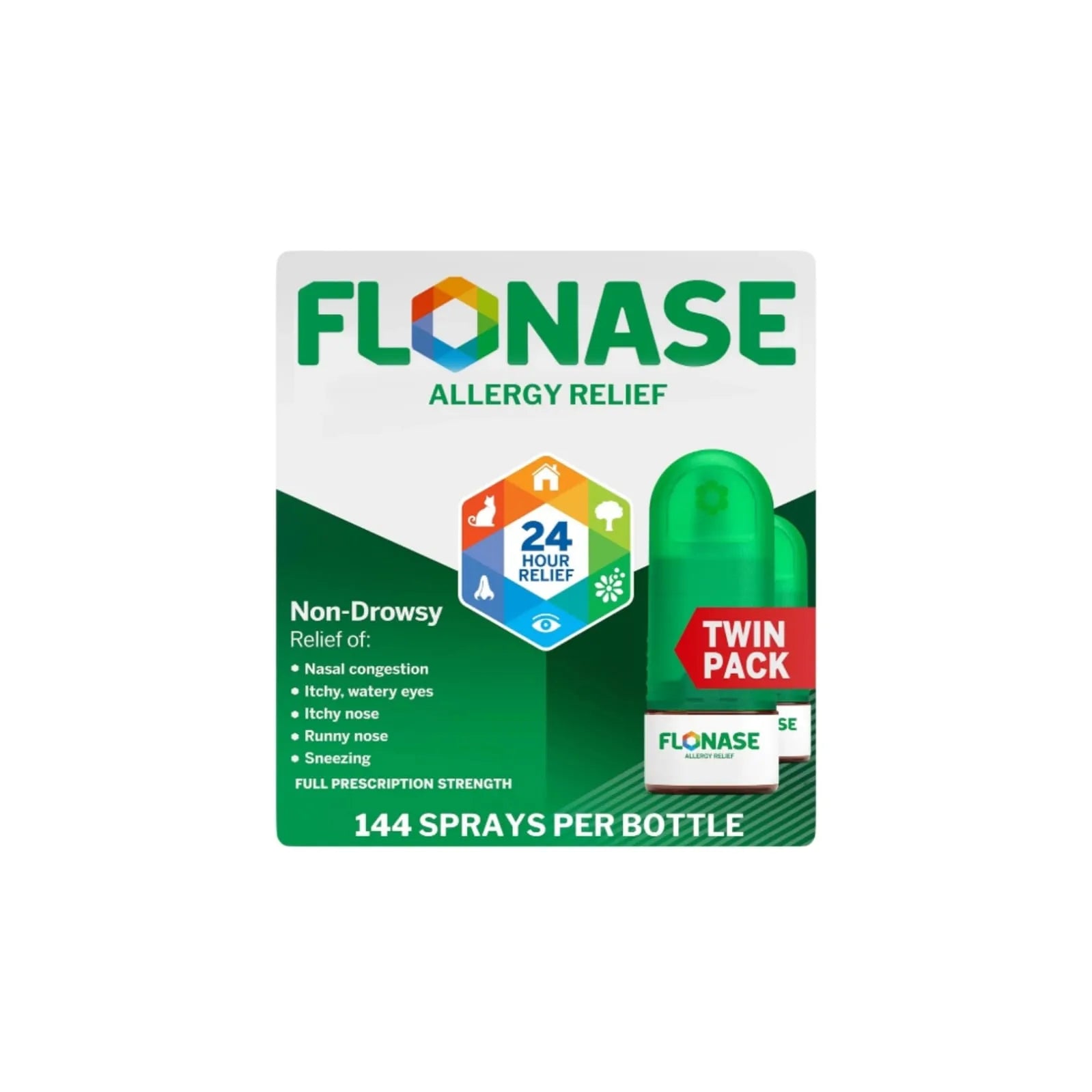 Flonase Allergy Relief nasal spray twin pack with 144 sprays per bottle, 24-hour non-drowsy seasonal allergy relief