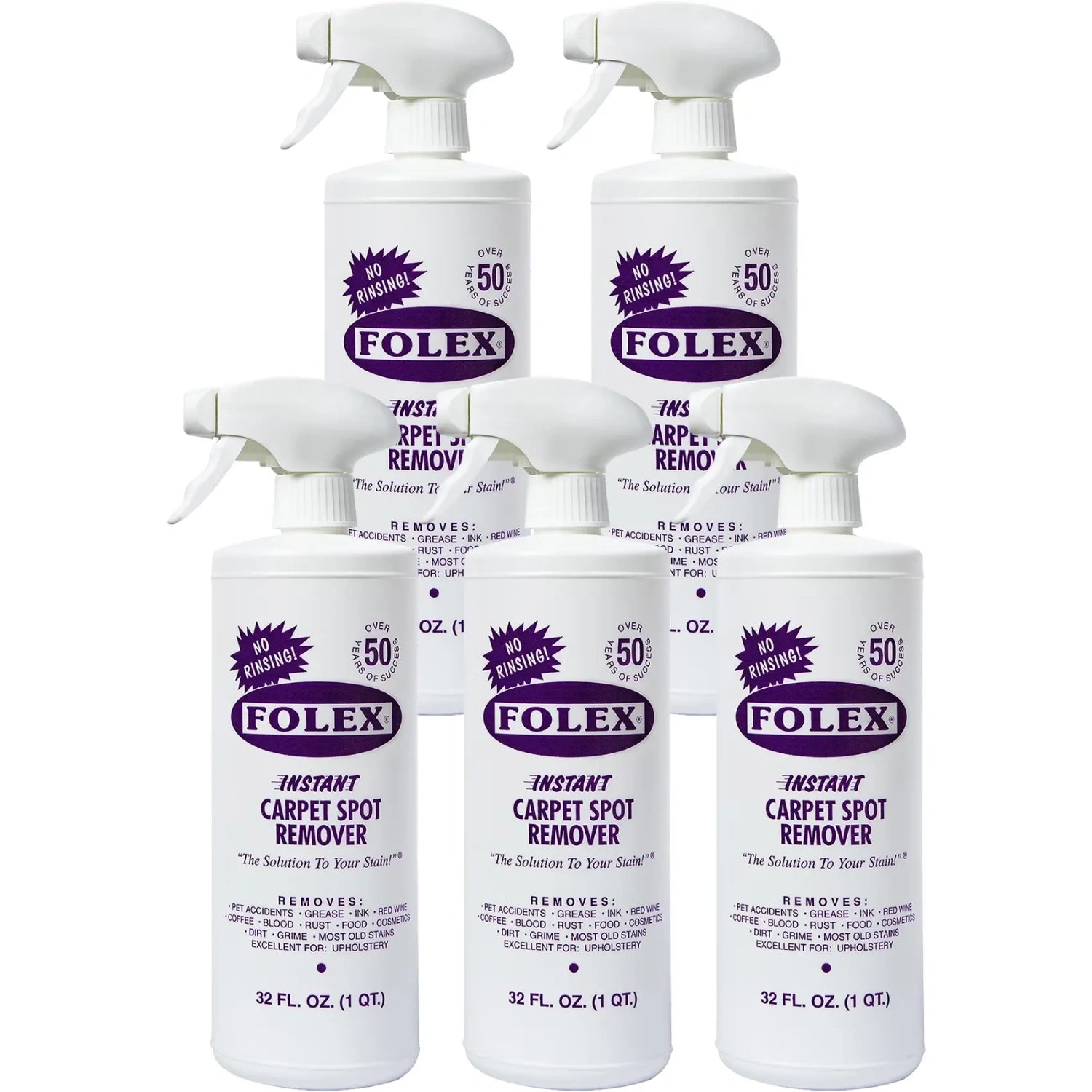 FOLEX Instant Carpet Spot Remover 32 oz spray bottles, pack of 5, powerful no-rinse carpet stain remover for pet accidents, grease, wine, and tough stains.