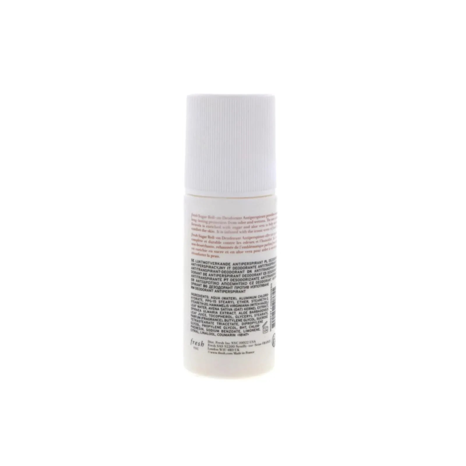 Back view of Fresh Sugar Roll-On Deodorant Antiperspirant 75ml showing ingredients and product information on packaging.