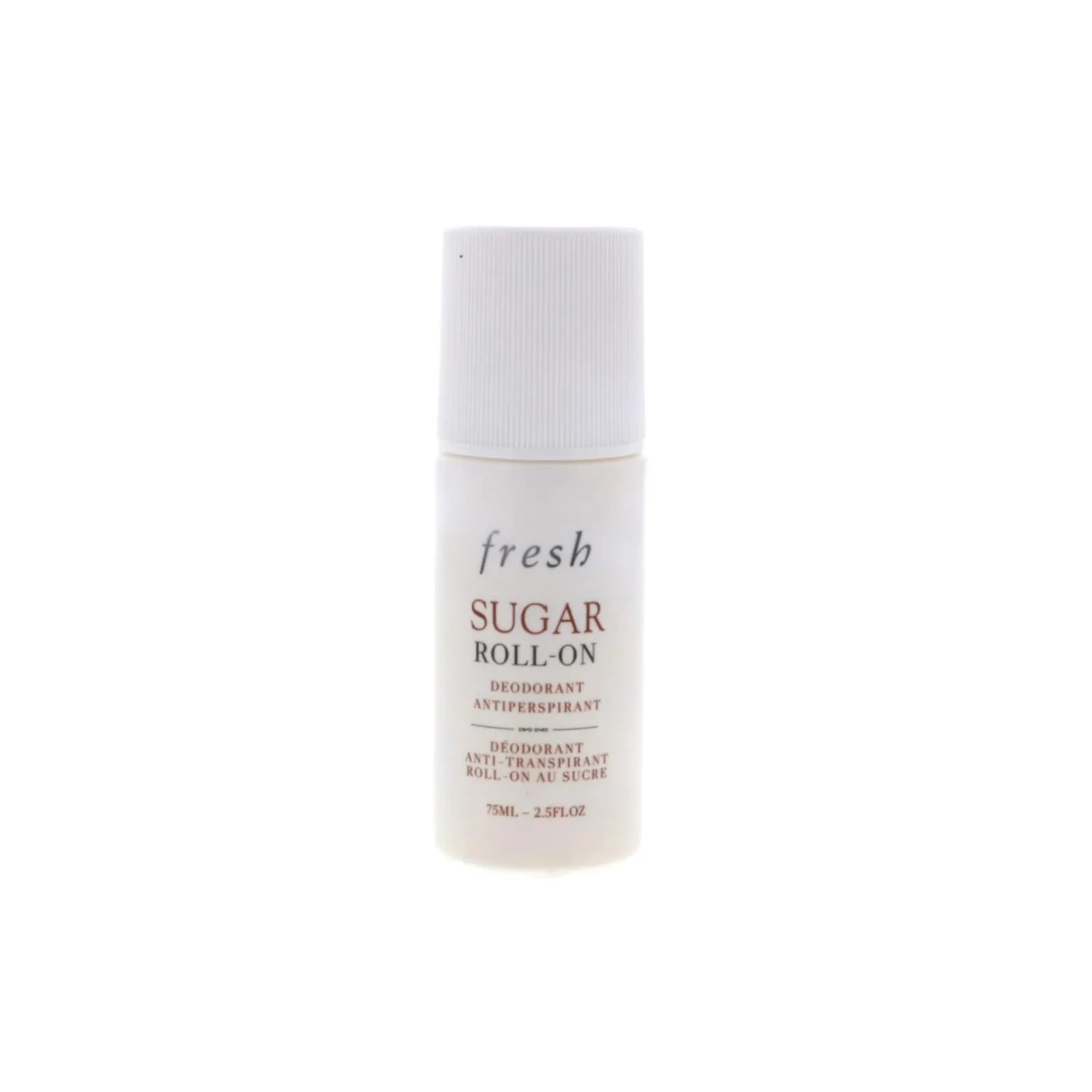 Front view of Fresh Sugar Roll-On Deodorant Antiperspirant 75ml bottle with sugar formula and roll-on applicator.