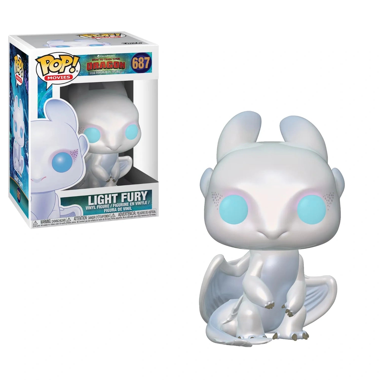 Funko Pop Movies Light Fury #687 vinyl figure displayed outside and inside box from How to Train Your Dragon The Hidden World