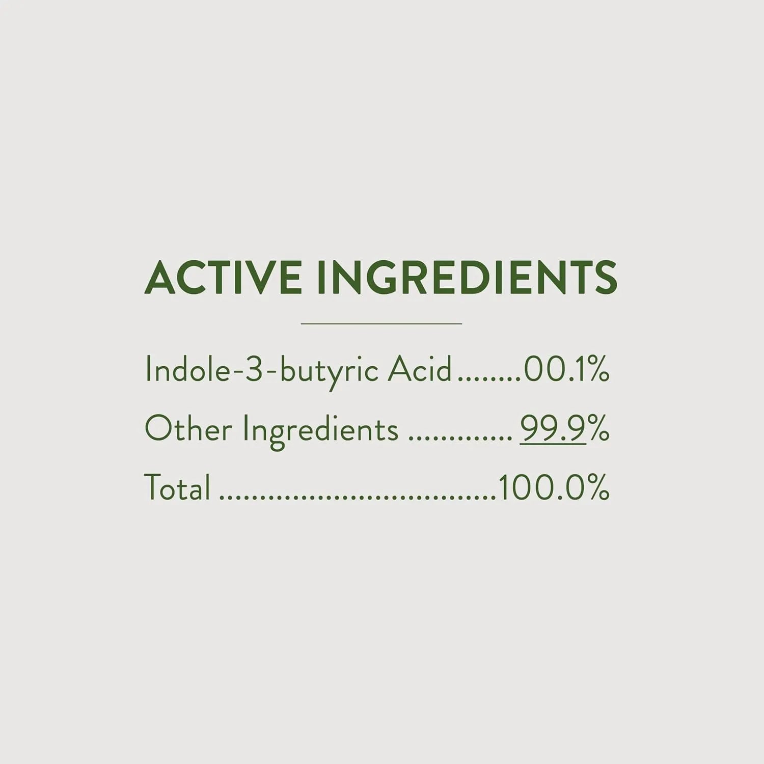 Garden Safe TakeRoot Rooting Hormone active ingredients panel showing Indole-3-butyric Acid 0.1% formulation.