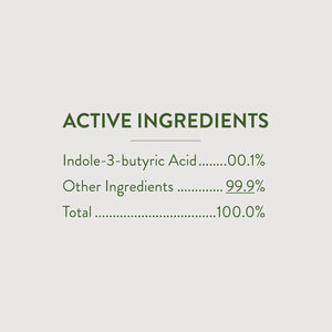 Garden Safe TakeRoot Rooting Hormone active ingredients panel showing Indole-3-butyric Acid 0.1% formulation.