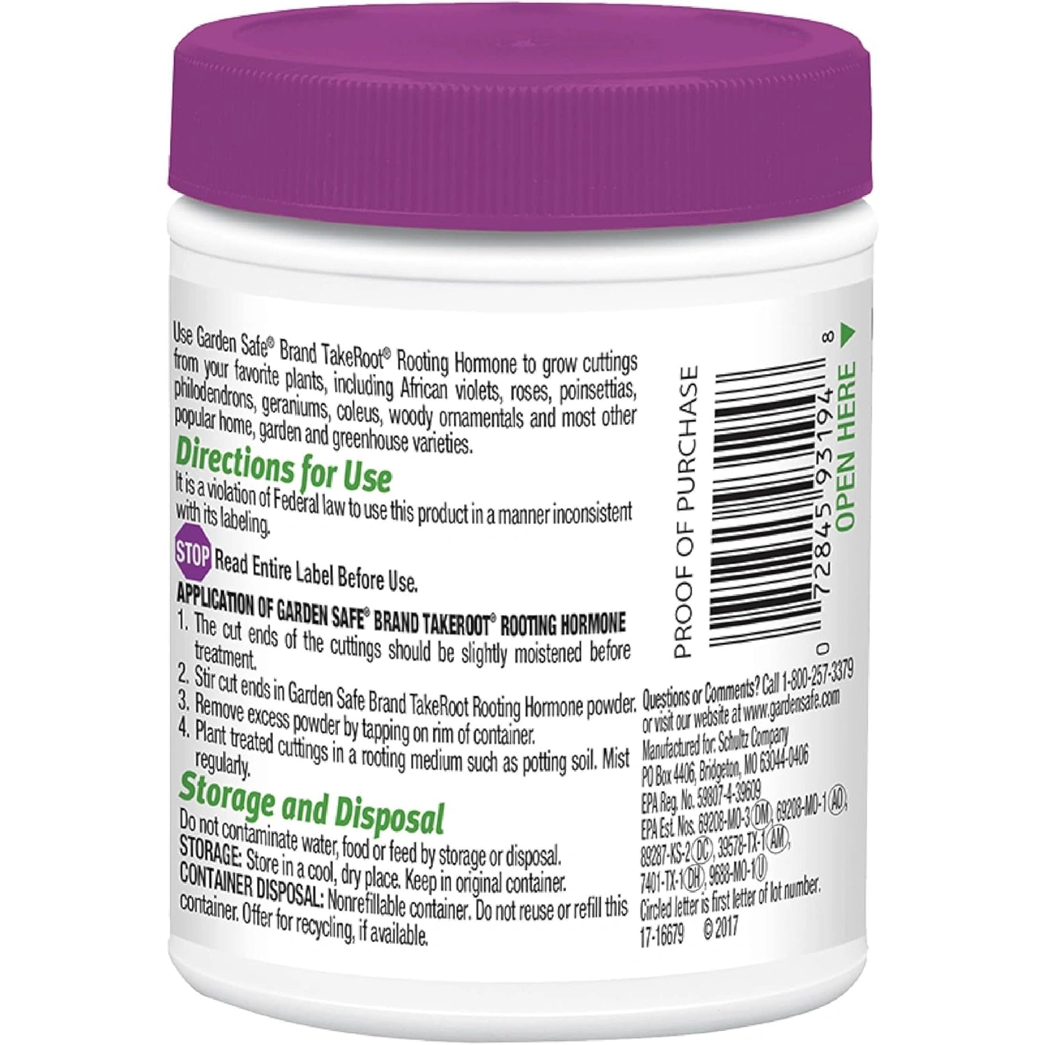 Back label of Garden Safe TakeRoot Rooting Hormone showing directions for use, storage instructions, and product details.