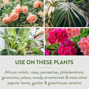 Graphic showing plants compatible with Garden Safe TakeRoot Rooting Hormone including roses, geraniums, and philodendrons.