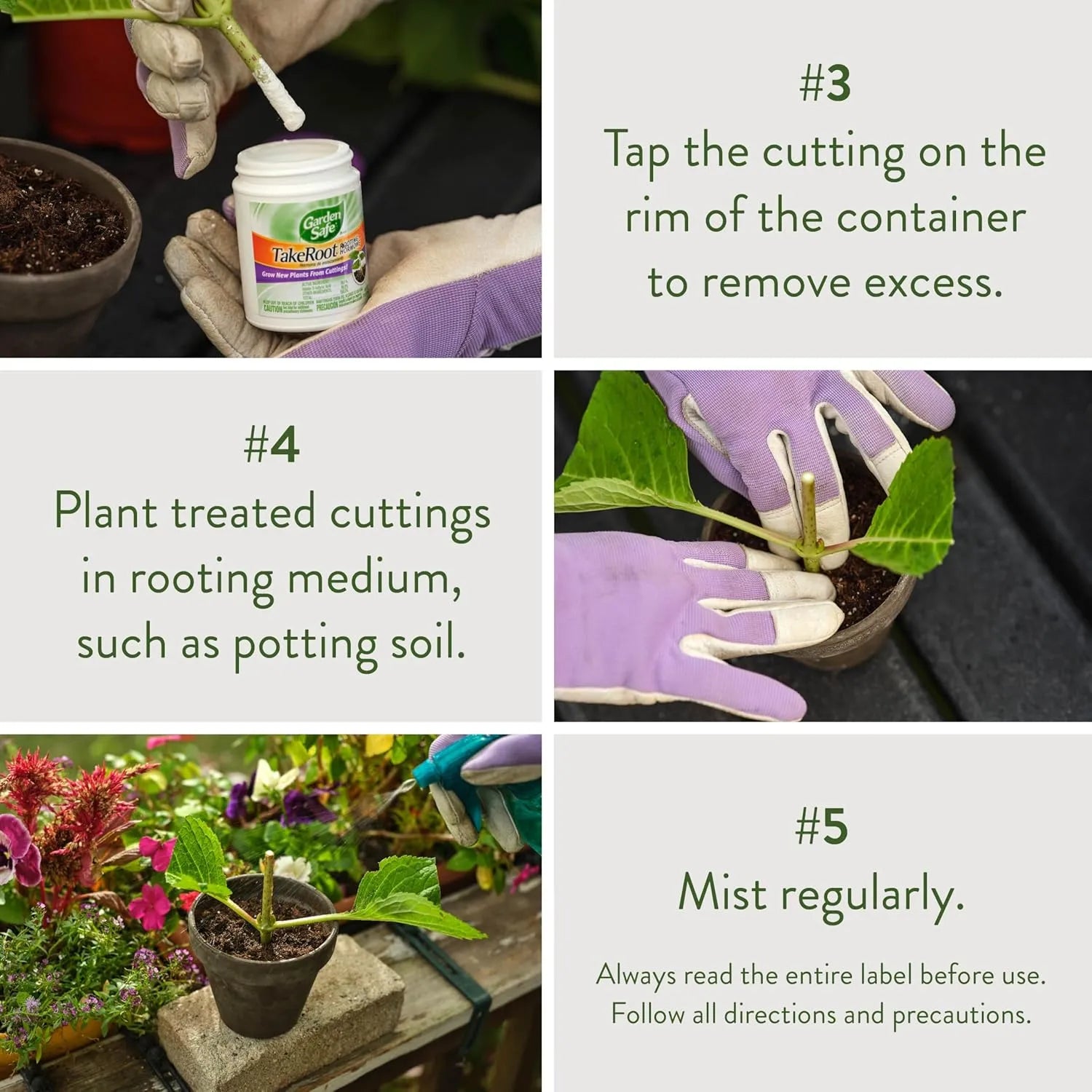Gardener dipping plant cutting into Garden Safe TakeRoot Rooting Hormone powder before planting.