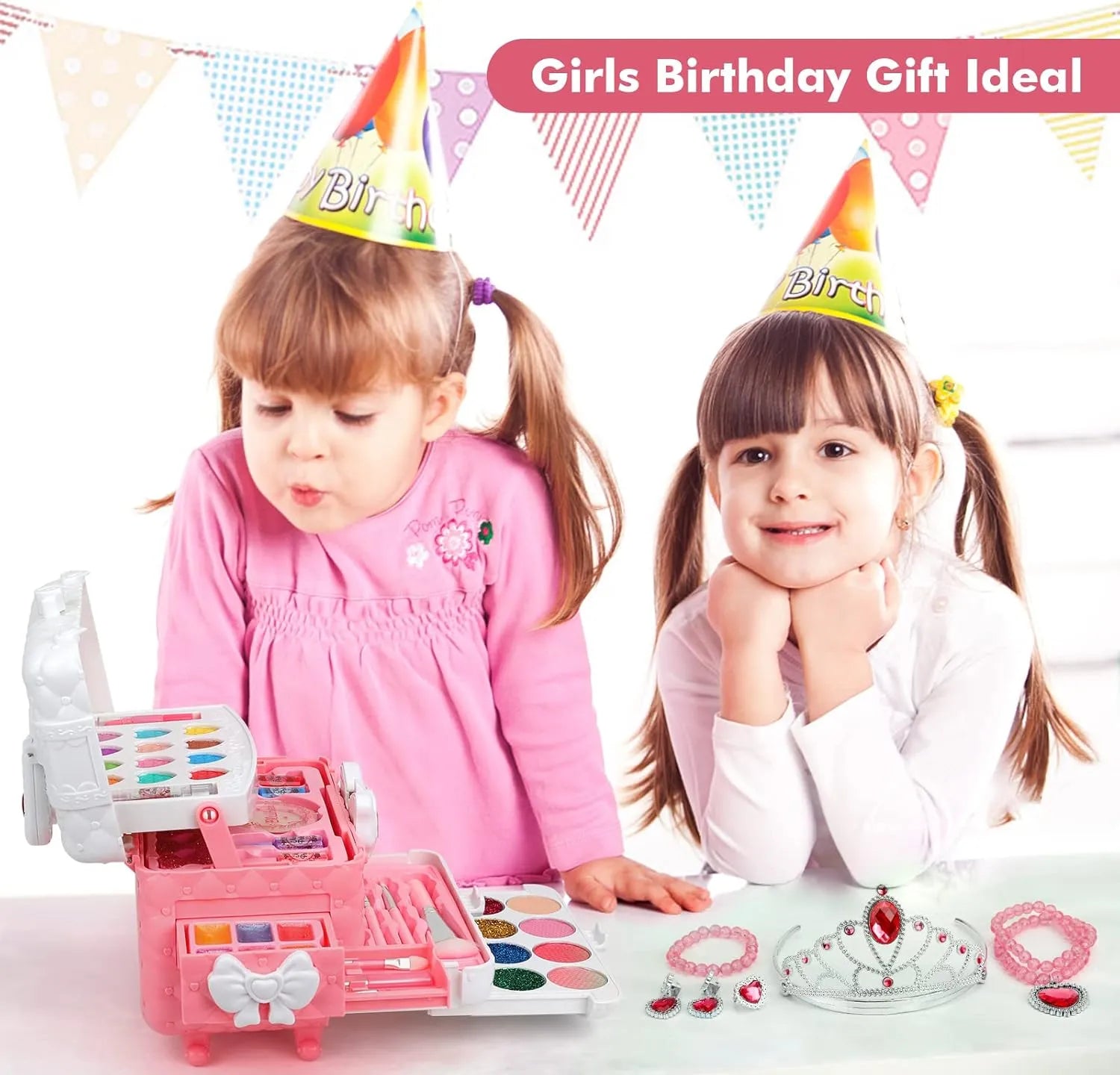 Girls playing with washable princess makeup kit birthday gift toy set for ages 4 to 12