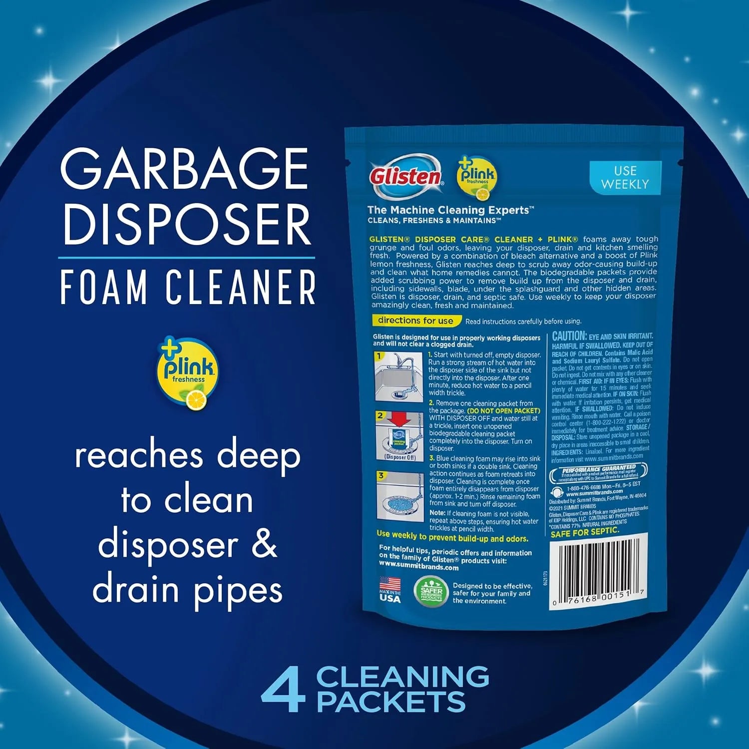 Back of Glisten garbage disposer foam cleaner pouch showing directions for use and weekly maintenance instructions