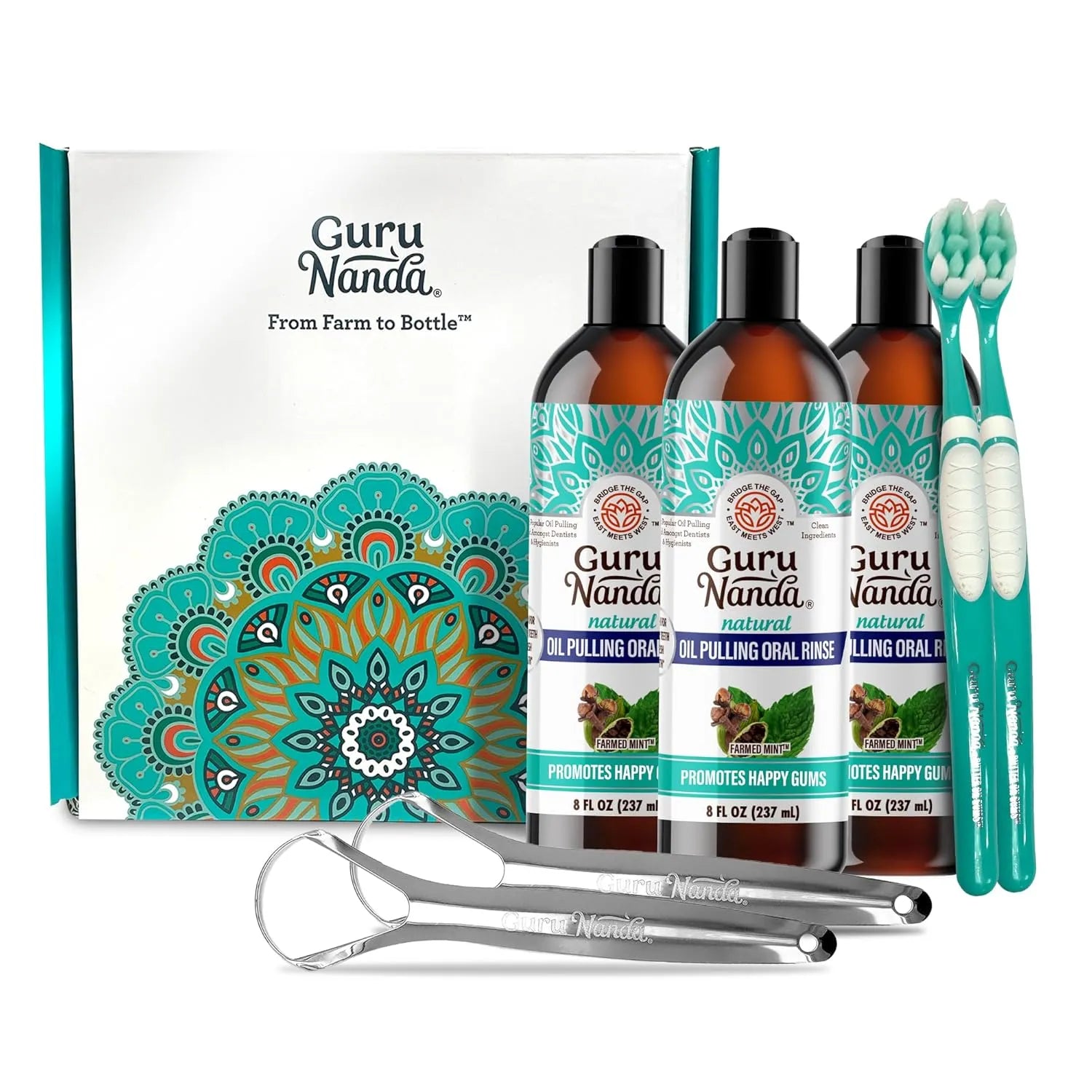 GuruNanda CocoMint oil pulling mouthwash 3-pack set with two toothbrushes and two stainless steel tongue scrapers displayed with branded box.