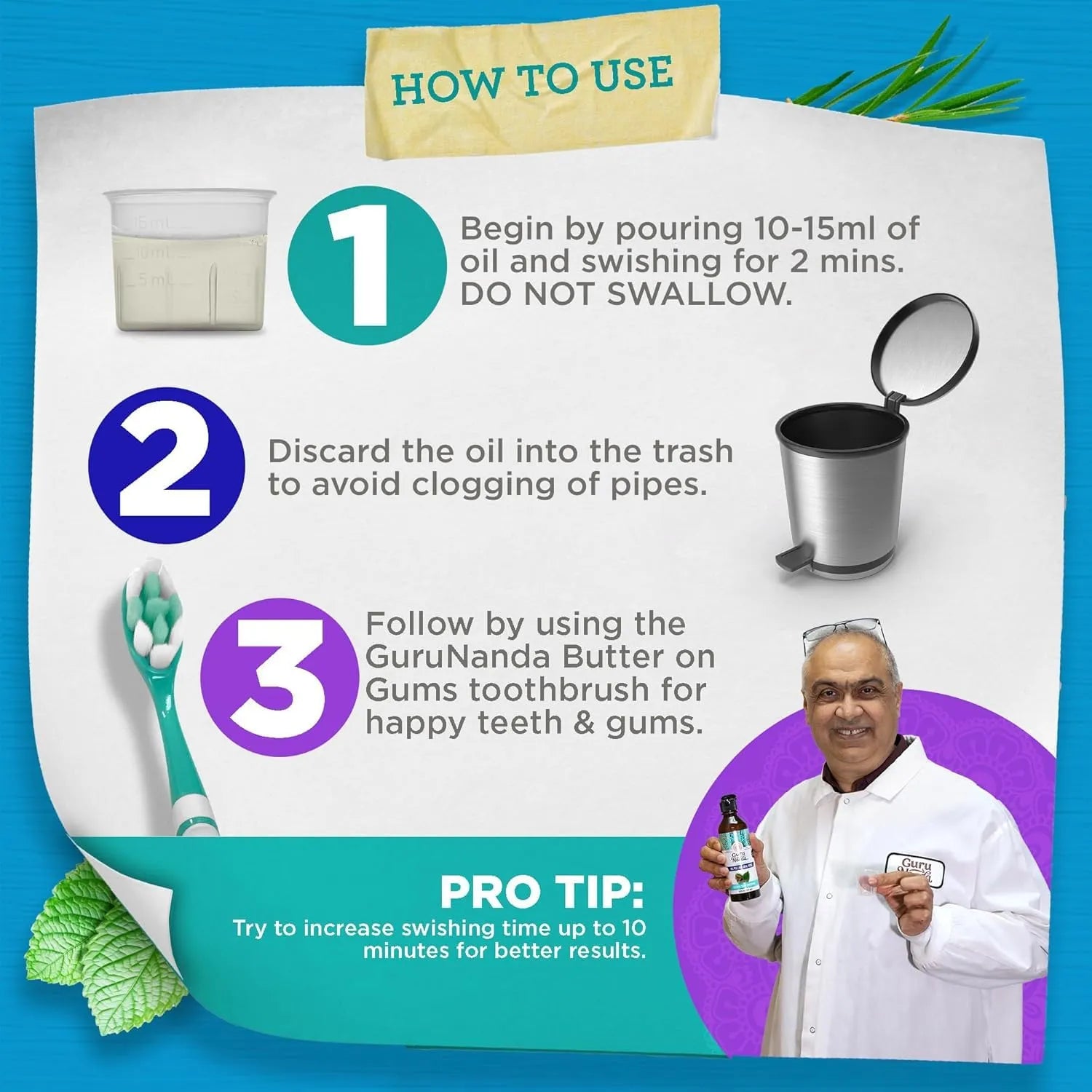 Step-by-step guide showing how to use GuruNanda oil pulling mouthwash, including swishing instructions and proper disposal method.