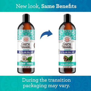Comparison image showing old and new packaging designs of GuruNanda CocoMint oil pulling mouthwash with note that packaging may vary.