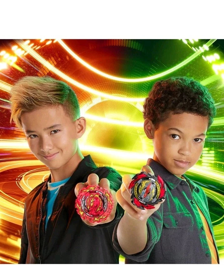 Two kids holding Beyblade Burst QuadDrive tops ready for an interstellar battle