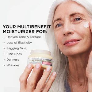 Woman applying IT Cosmetics Confidence in a Cream anti aging moisturizer to reduce fine lines wrinkles and improve skin elasticity