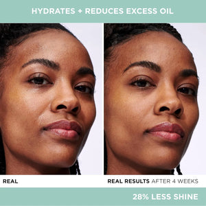 Before and after results showing reduced excess oil and less shine after 4 weeks using IT Cosmetics Confidence in a Gel Cream