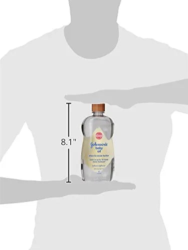 Johnson's Baby Oil 20 oz bottle size comparison showing 8.1 inch height for baby skincare and body moisturizing use