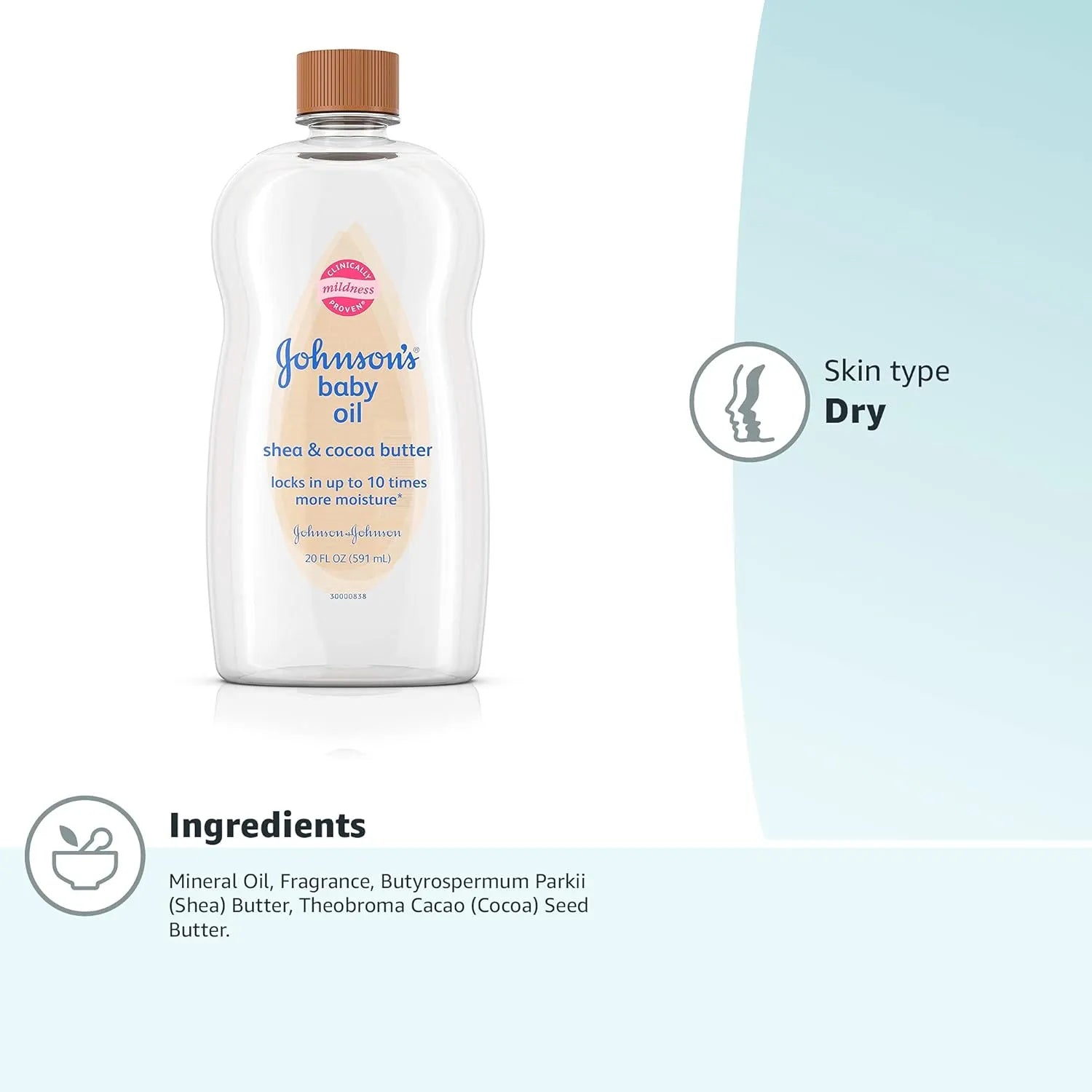 Johnson's Baby Oil enriched with shea butter and cocoa butter for dry skin with mineral oil to prevent moisture loss