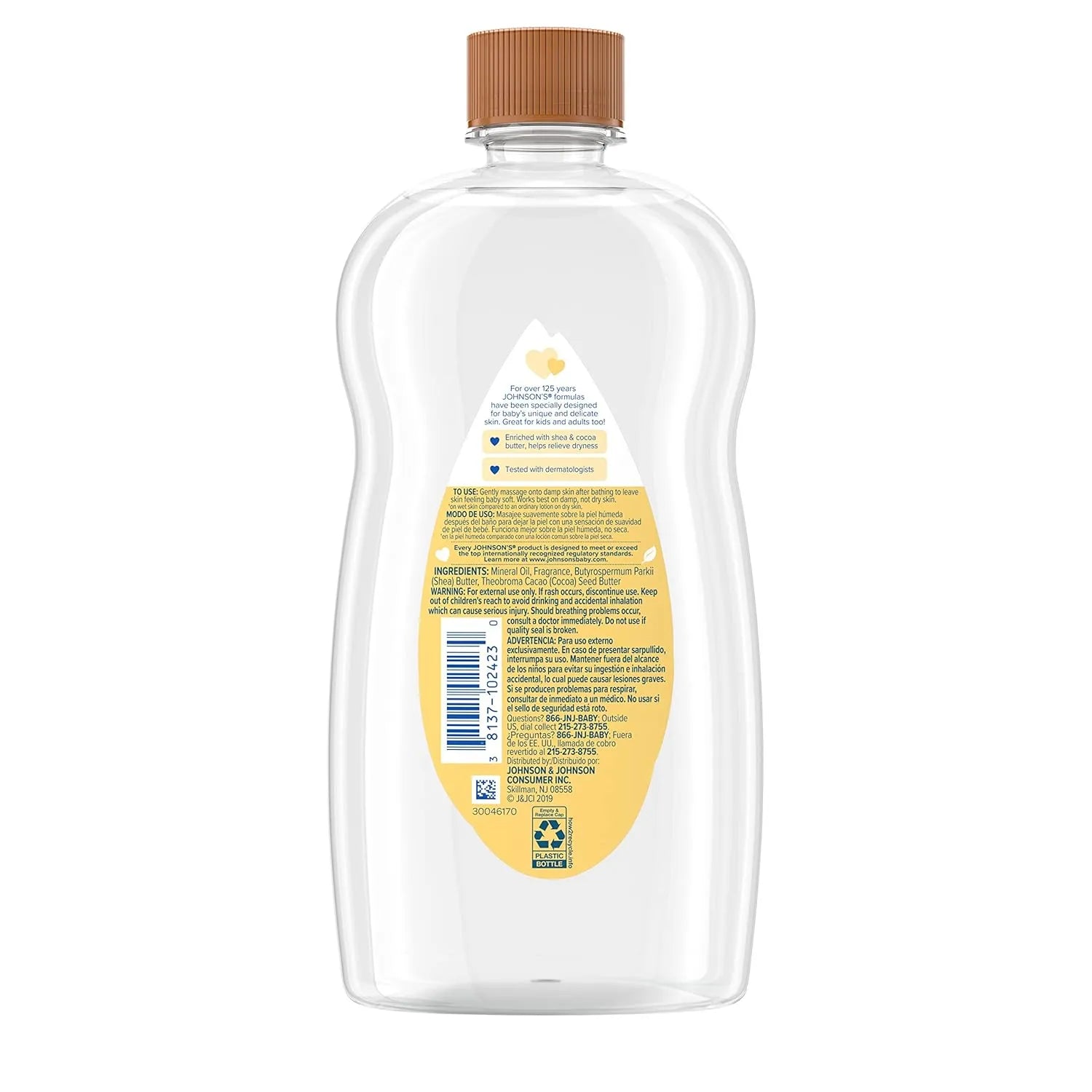 Back label of Johnson's Baby Oil with shea and cocoa butter showing ingredients and hypoallergenic baby skincare information