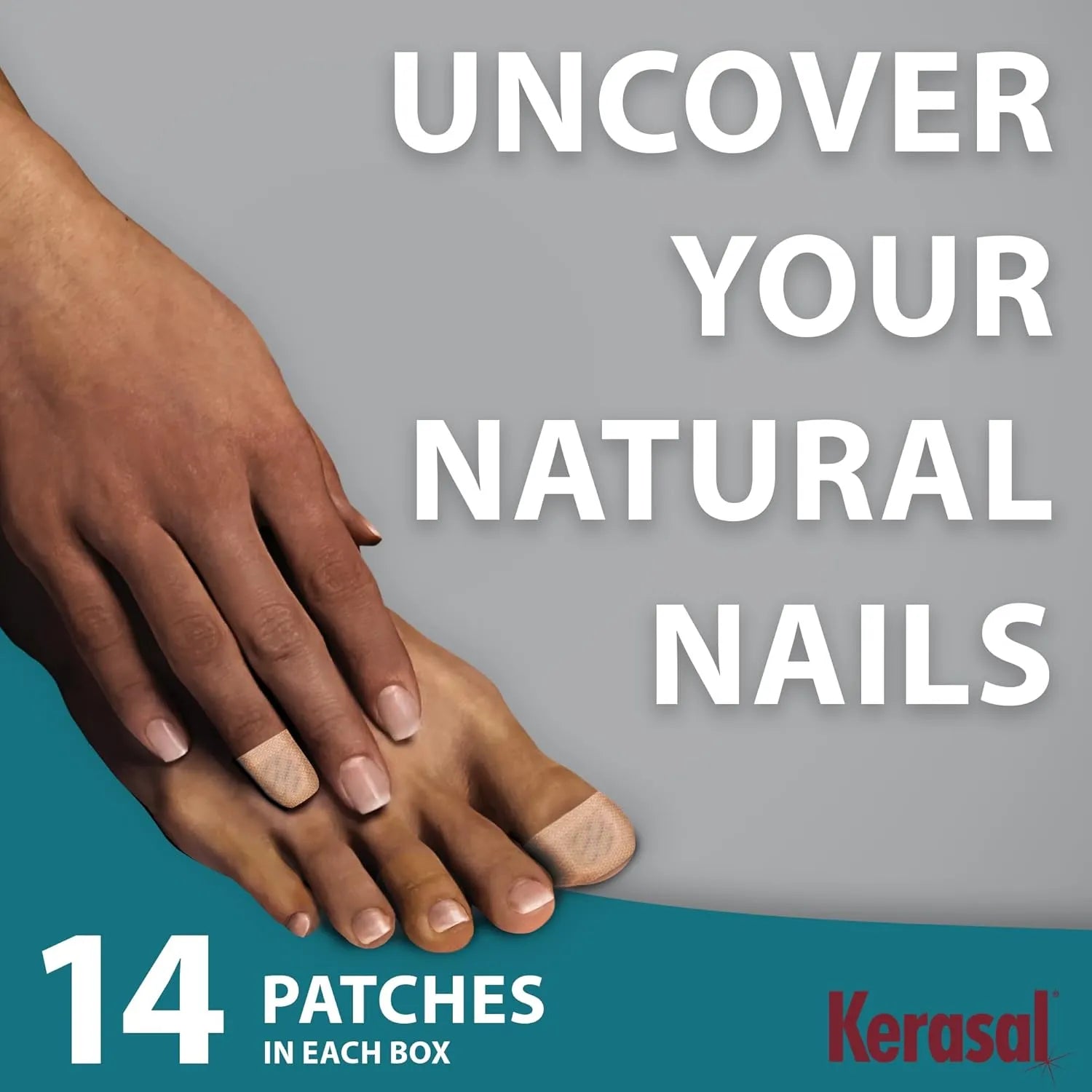 Kerasal nail repair patches applied to damaged fingernail and toenail for overnight treatment to restore healthy nail appearance