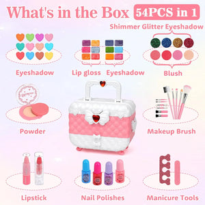 Kids washable makeup kit 54 pieces set including eyeshadow lip gloss blush nail polish brushes and manicure tools