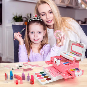 Mother and daughter using kids washable makeup kit for pretend play with princess makeup toy set