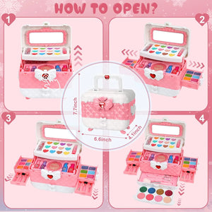 Kids washable makeup kit for girls showing step by step how to open the princess makeup toy case with multiple compartments