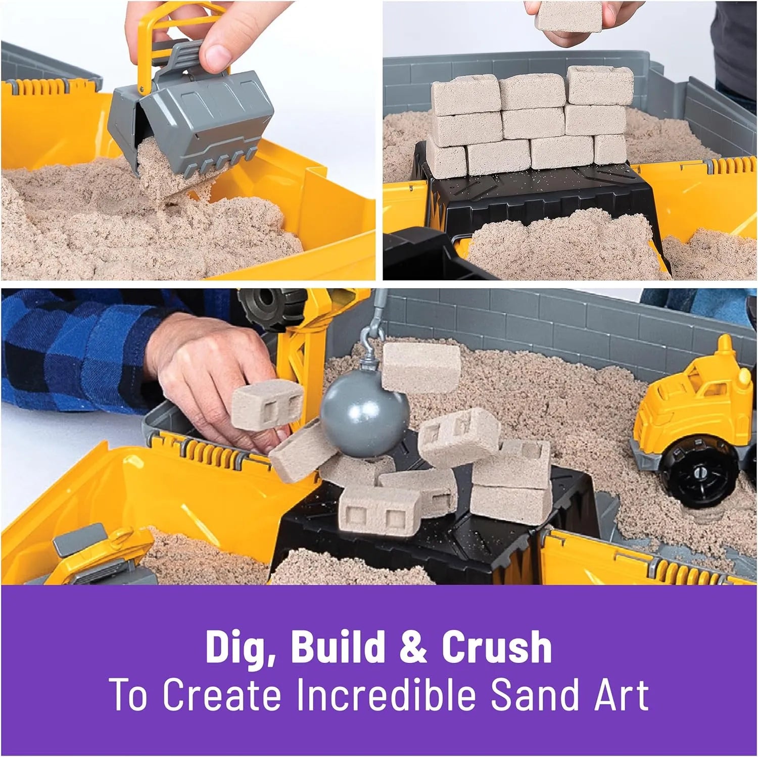 Kinetic Sand construction site playset with crane and wrecking ball, kids digging, building and crushing sand bricks.