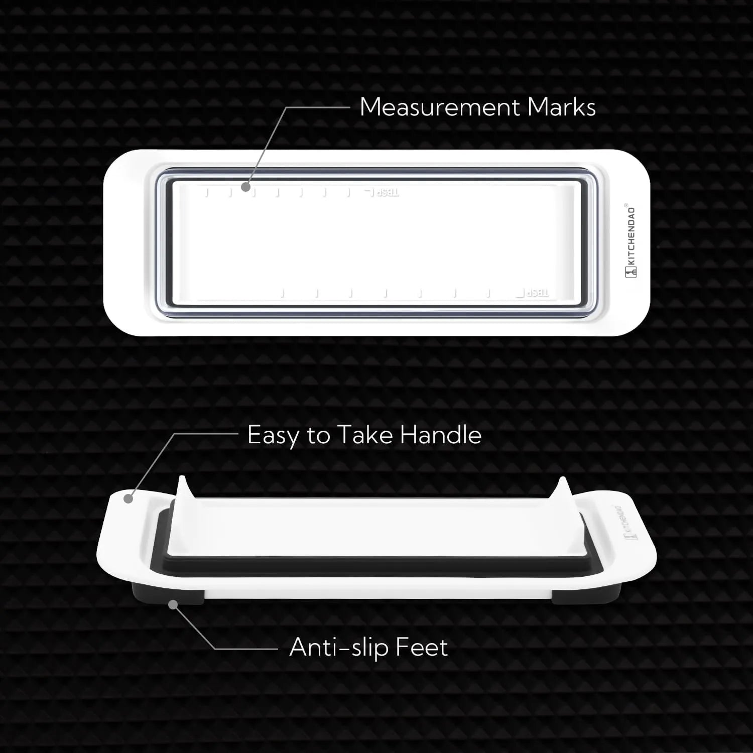 Bottom view of KITCHENDAO airtight butter dish with measurement marks, easy grip handles and anti-slip feet for secure countertop use.