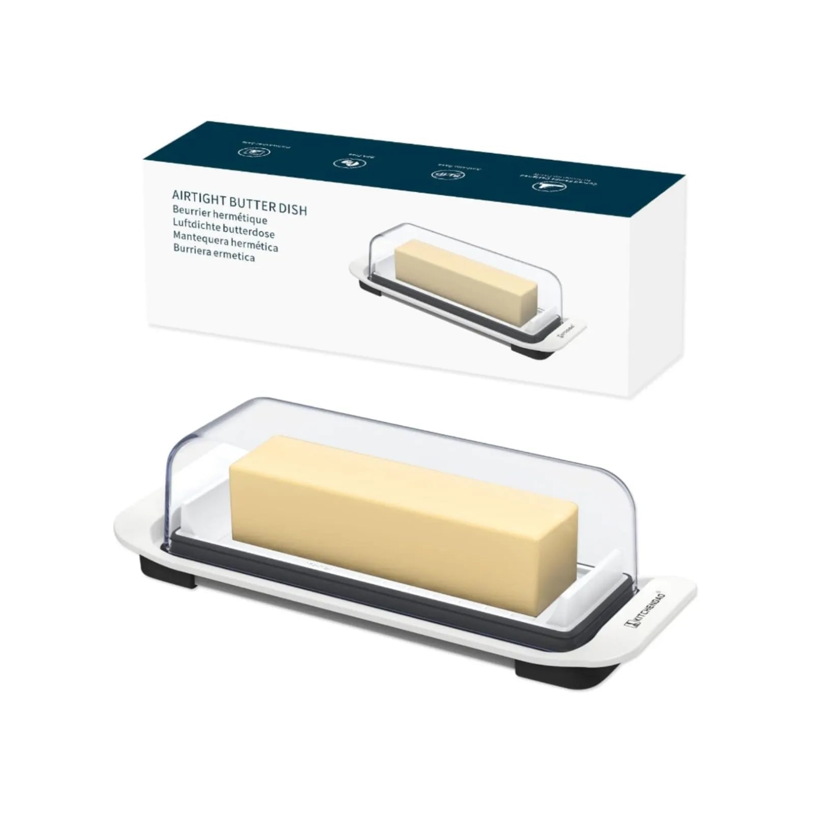 KITCHENDAO airtight butter dish with transparent lid and white base for countertop and refrigerator storage.