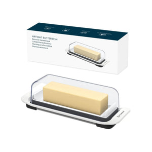 KITCHENDAO airtight butter dish with transparent lid and white base for countertop and refrigerator storage.