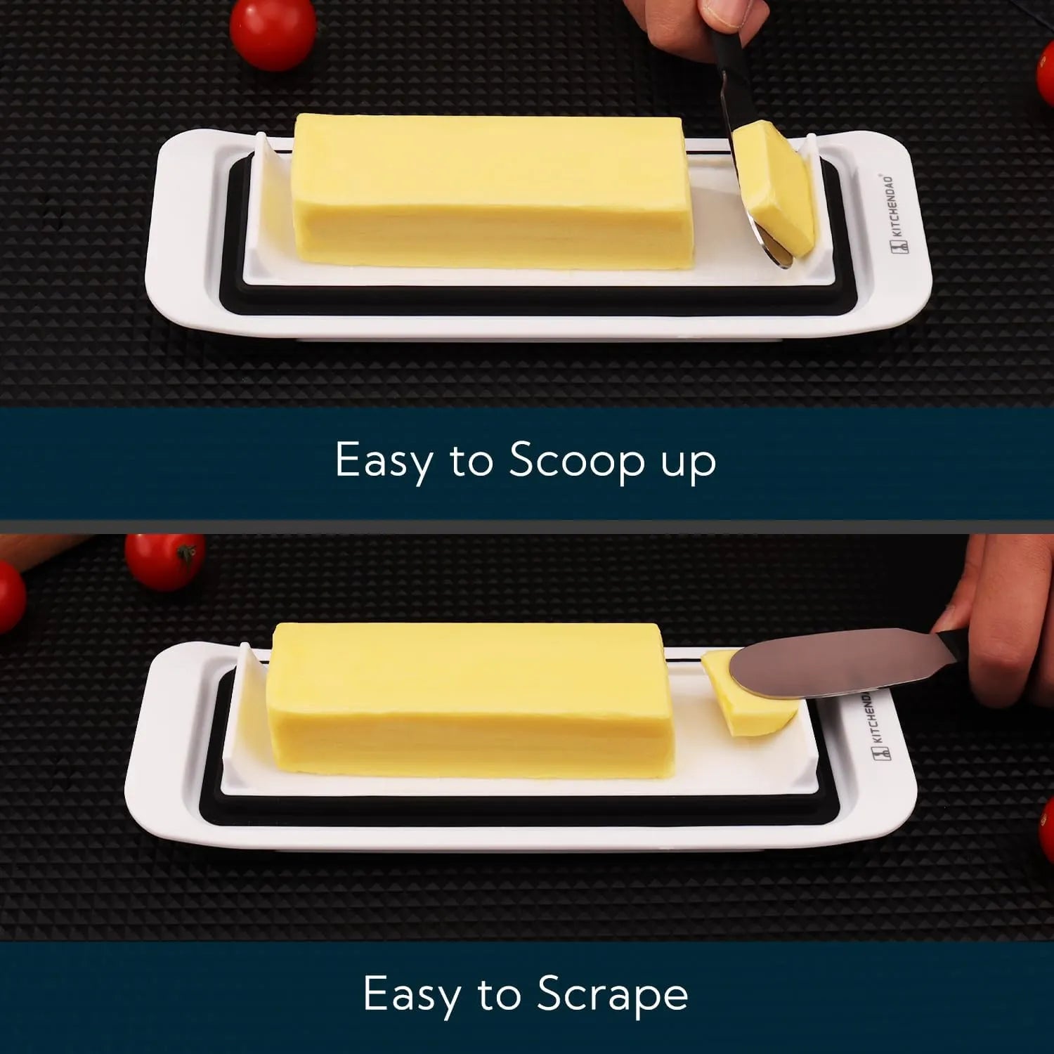 KITCHENDAO butter dish with lid demonstrating easy scoop and scrape design for smooth butter spreading.