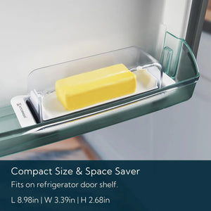 Airtight butter dish with lid placed on refrigerator door shelf, compact space-saving butter holder for fridge storage.