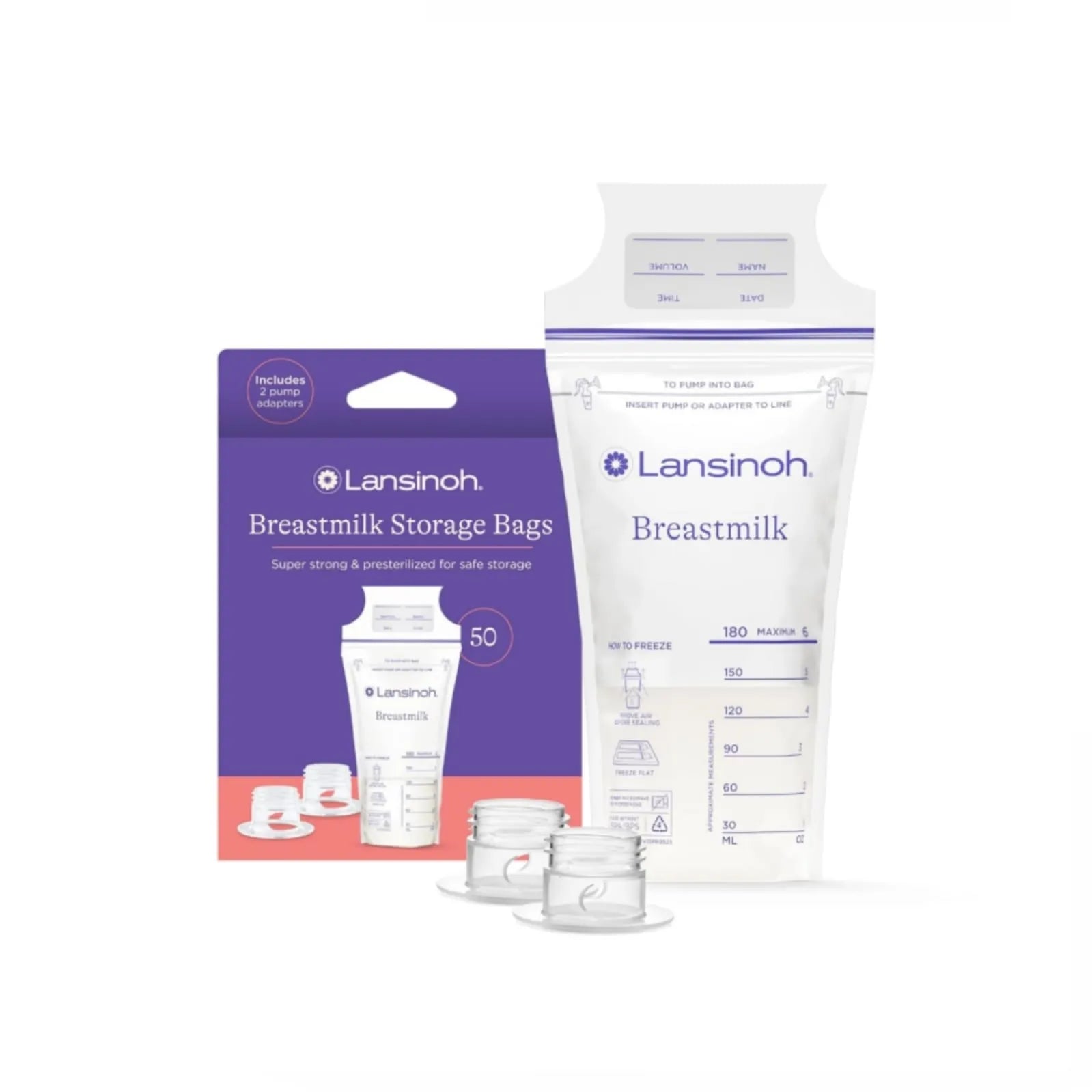 Lansinoh breastmilk storage bags 50 count with 2 pump adapters for direct pumping and freezer milk storage