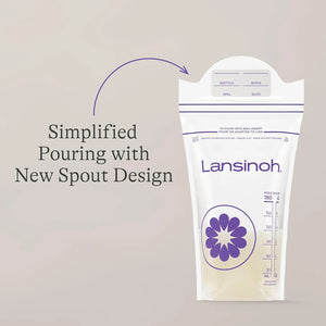 Lansinoh breastmilk storage bag with easy-pour spout and double zipper seal, BPA-free freezer safe milk storage solution
