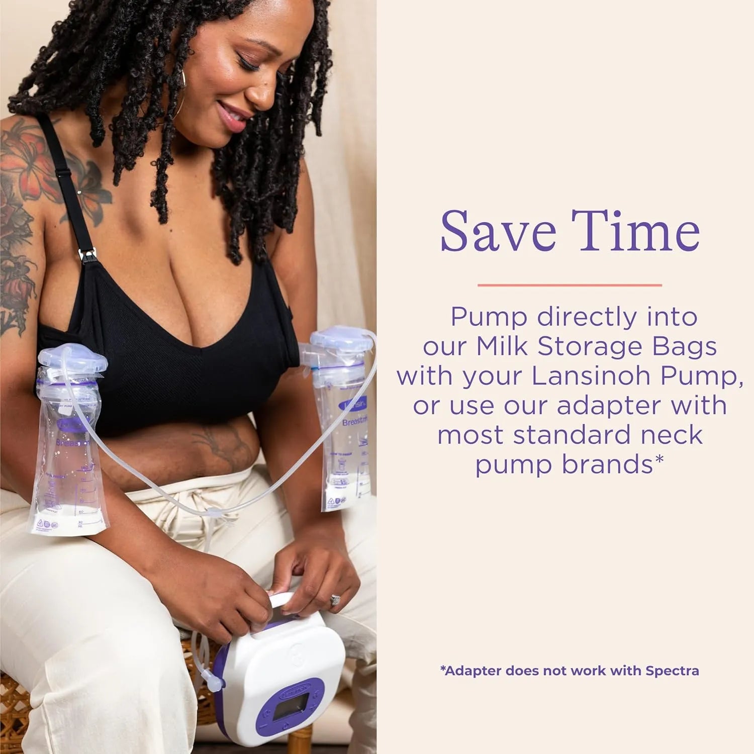Mom pumping directly into Lansinoh breastmilk storage bags using breast pump adapters for easy and hygienic milk storage
