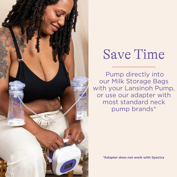 Mom pumping directly into Lansinoh breastmilk storage bags using breast pump adapters for easy and hygienic milk storage