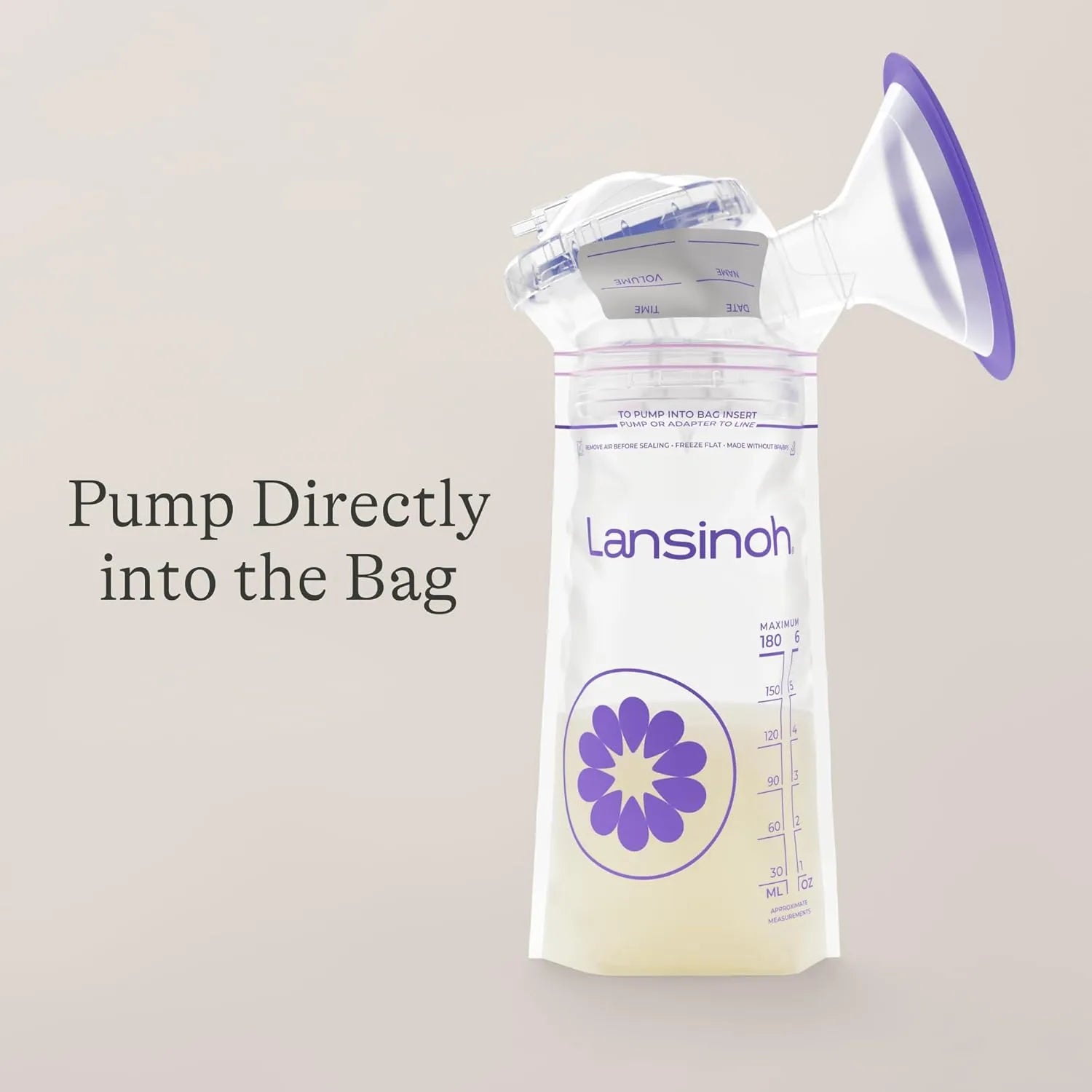 Lansinoh breastmilk storage bag attached to breast pump for direct pumping, 6 oz BPA-free milk storage bag for freezer and baby bottle feeding