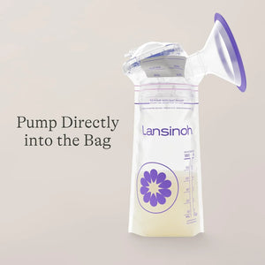 Lansinoh breastmilk storage bag attached to breast pump for direct pumping, 6 oz BPA-free milk storage bag for freezer and baby bottle feeding