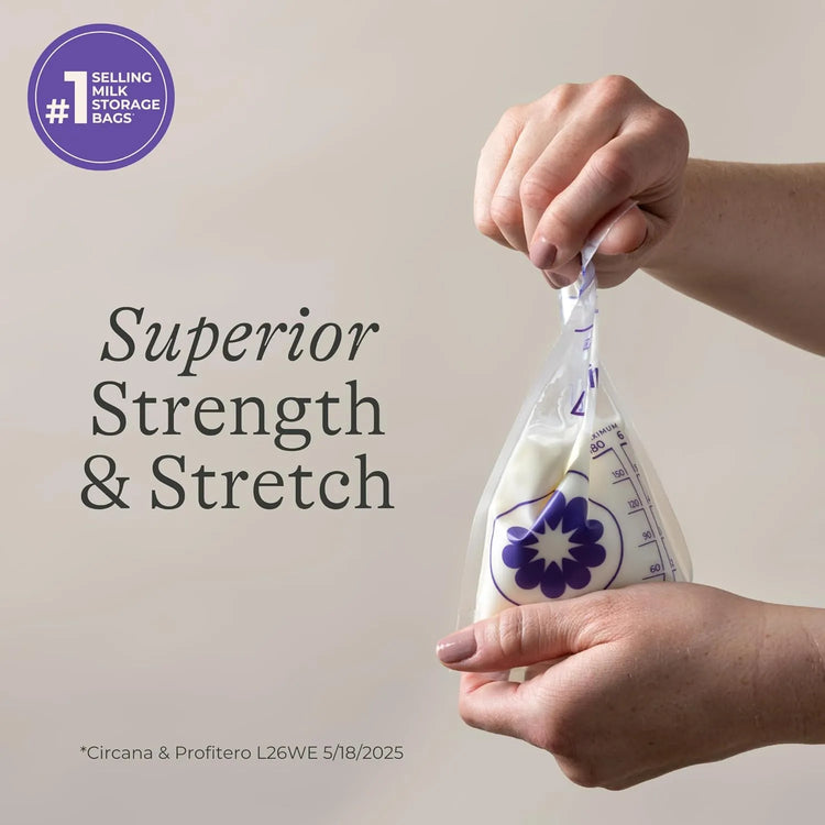 Hands stretching Lansinoh breastmilk storage bag showing superior strength and durability for safe breast milk freezing and thawing