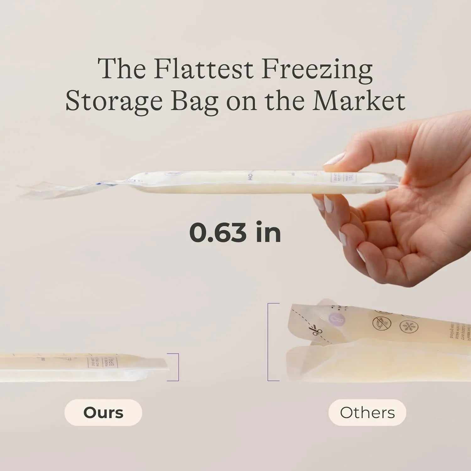 Lansinoh ultra-flat breastmilk storage bag compared to thicker milk storage bags, slim 0.63 inch freezer design for efficient storage