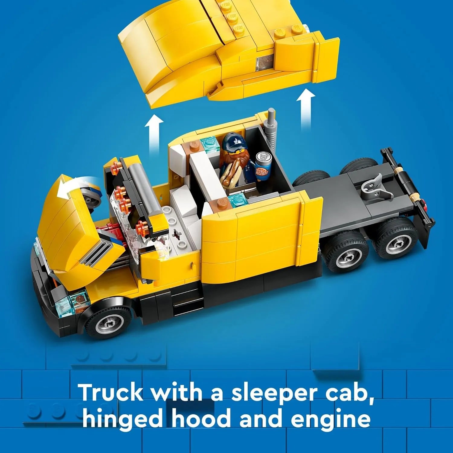 LEGO City Yellow Semi Truck 60440 with sleeper cab, opening hinged hood and detailed engine, creative building set for boys and girls 8 years and older.