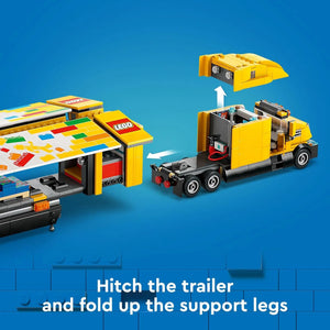 LEGO City Yellow Delivery Truck 60440 with detachable trailer and foldable support legs, realistic semi truck toy building set for kids.