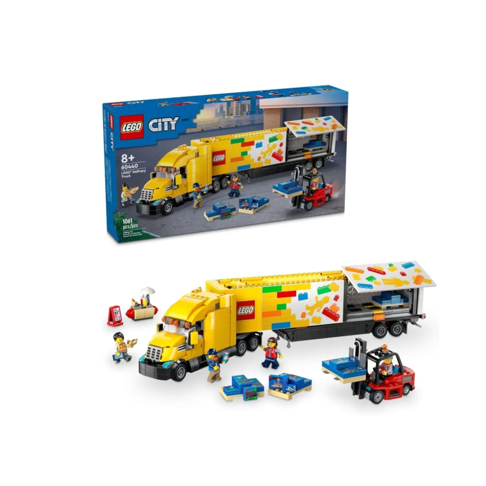 LEGO City Yellow Delivery Truck 60440 1061-piece building set with semi truck, trailer, forklift and minifigures, birthday gift idea for kids 8+.
