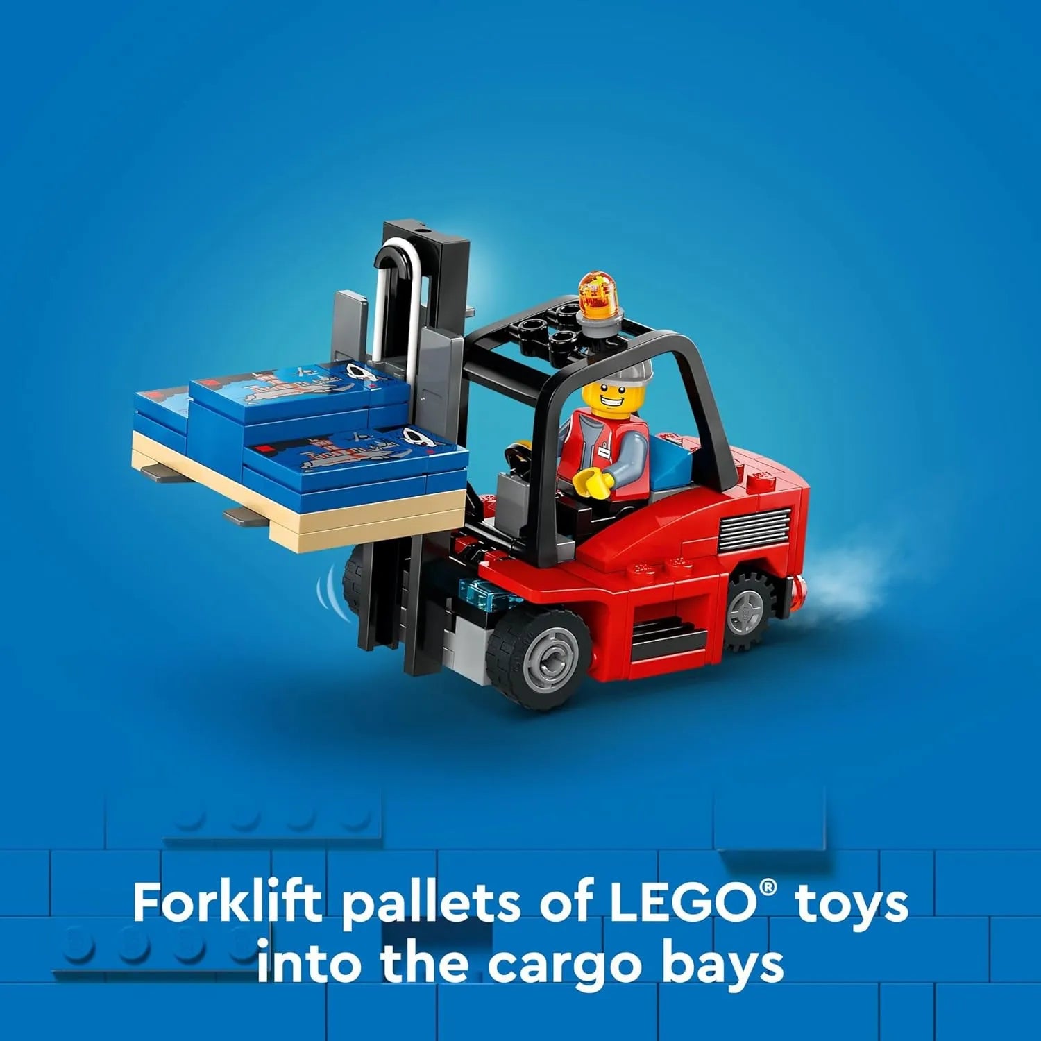 LEGO City 60440 Yellow Delivery Truck set featuring red forklift loading LEGO pallets into cargo trailer, interactive building toy for kids 8+.