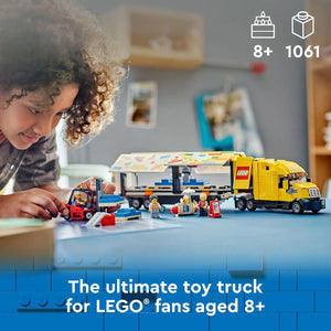 Child playing with LEGO City Yellow Delivery Truck 60440 semi truck building set with forklift and minifigures, creative toy for kids ages 8+.