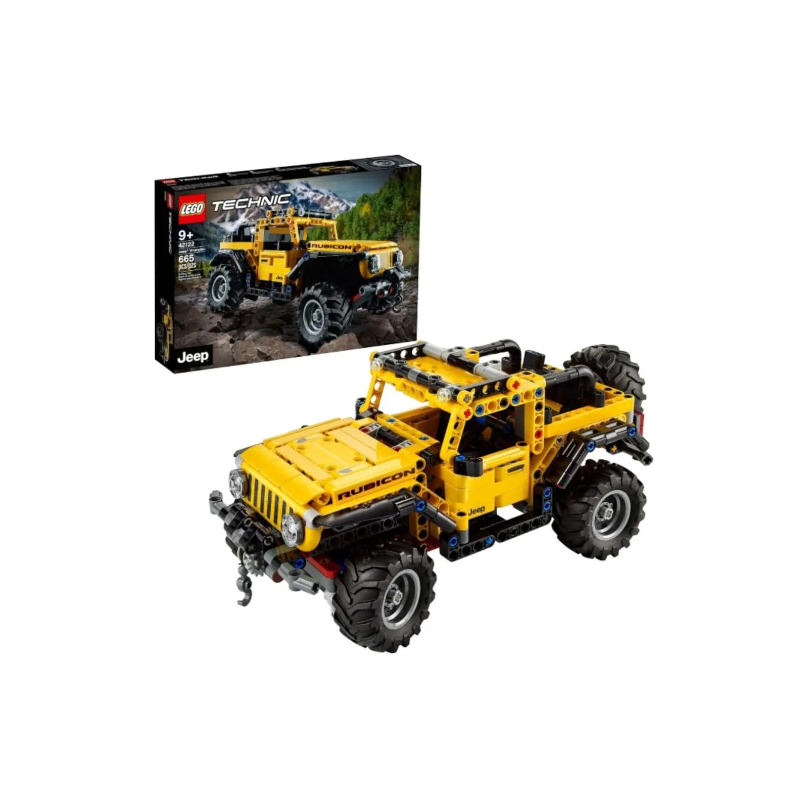 LEGO Technic Jeep Wrangler 42122 model displayed with original product packaging box