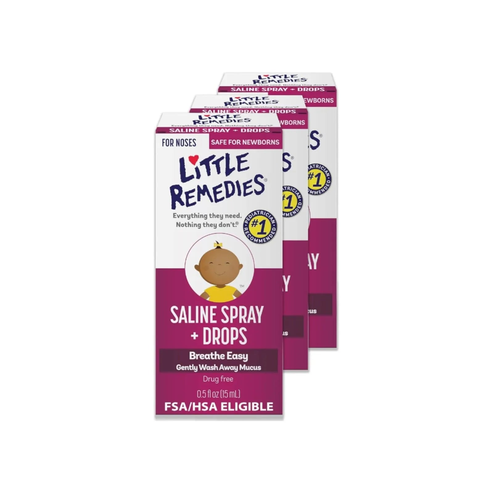 Three boxes of Little Remedies Saline Spray and Drops 0.5 fl oz for newborn nasal care